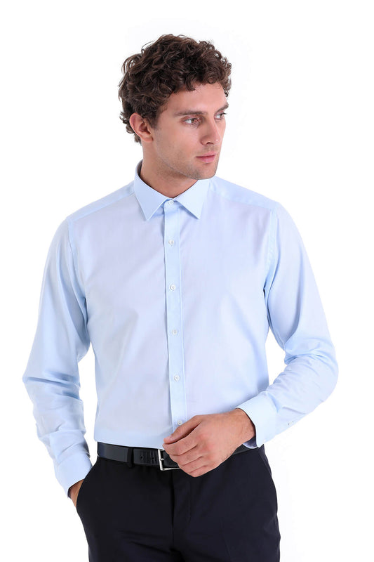 Light blue, long-sleeved men’s dress shirt with a classic collar and button-down front.