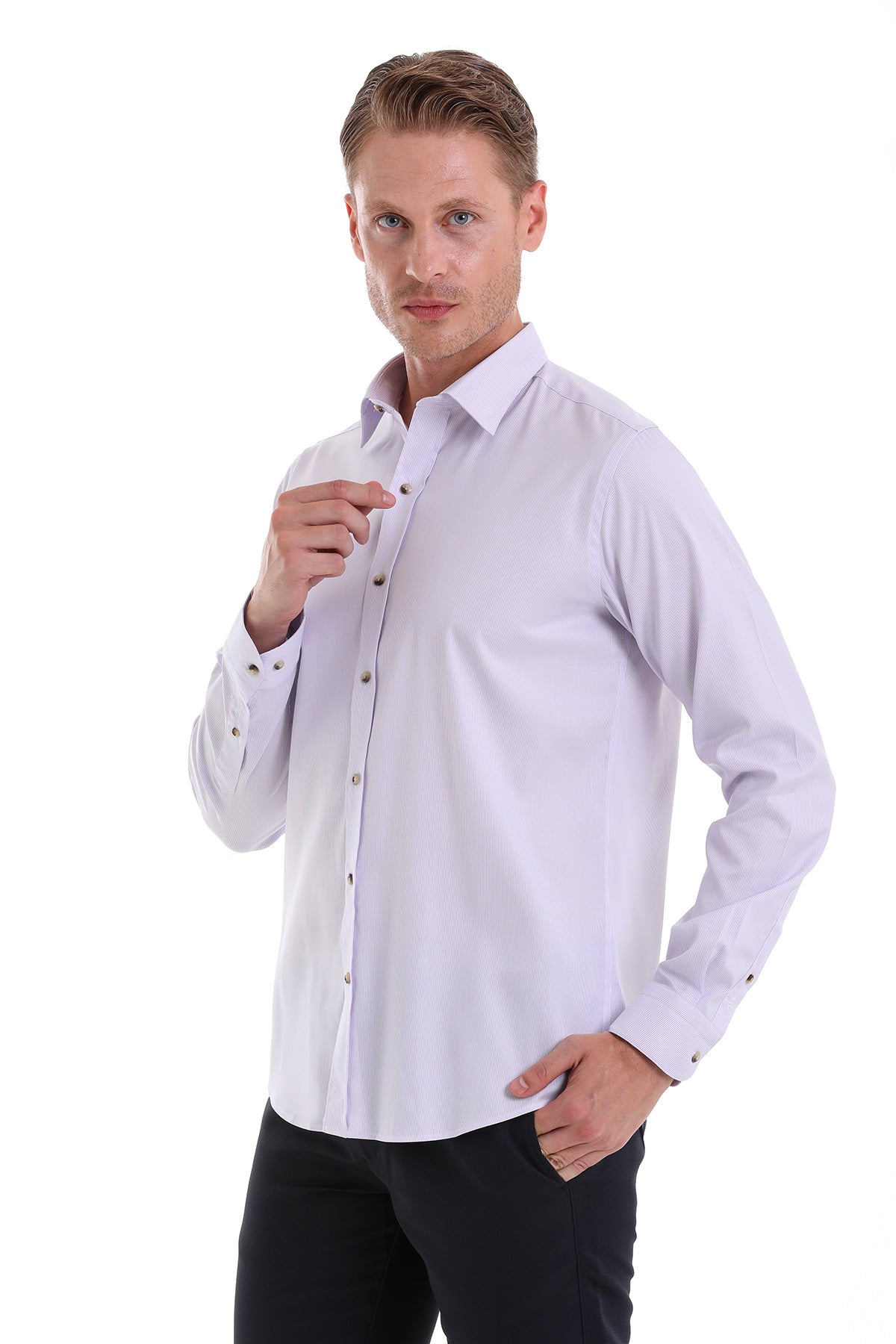 Comfort Fit Long Sleeve Cotton Lilac Casual Shirt - SAYKI