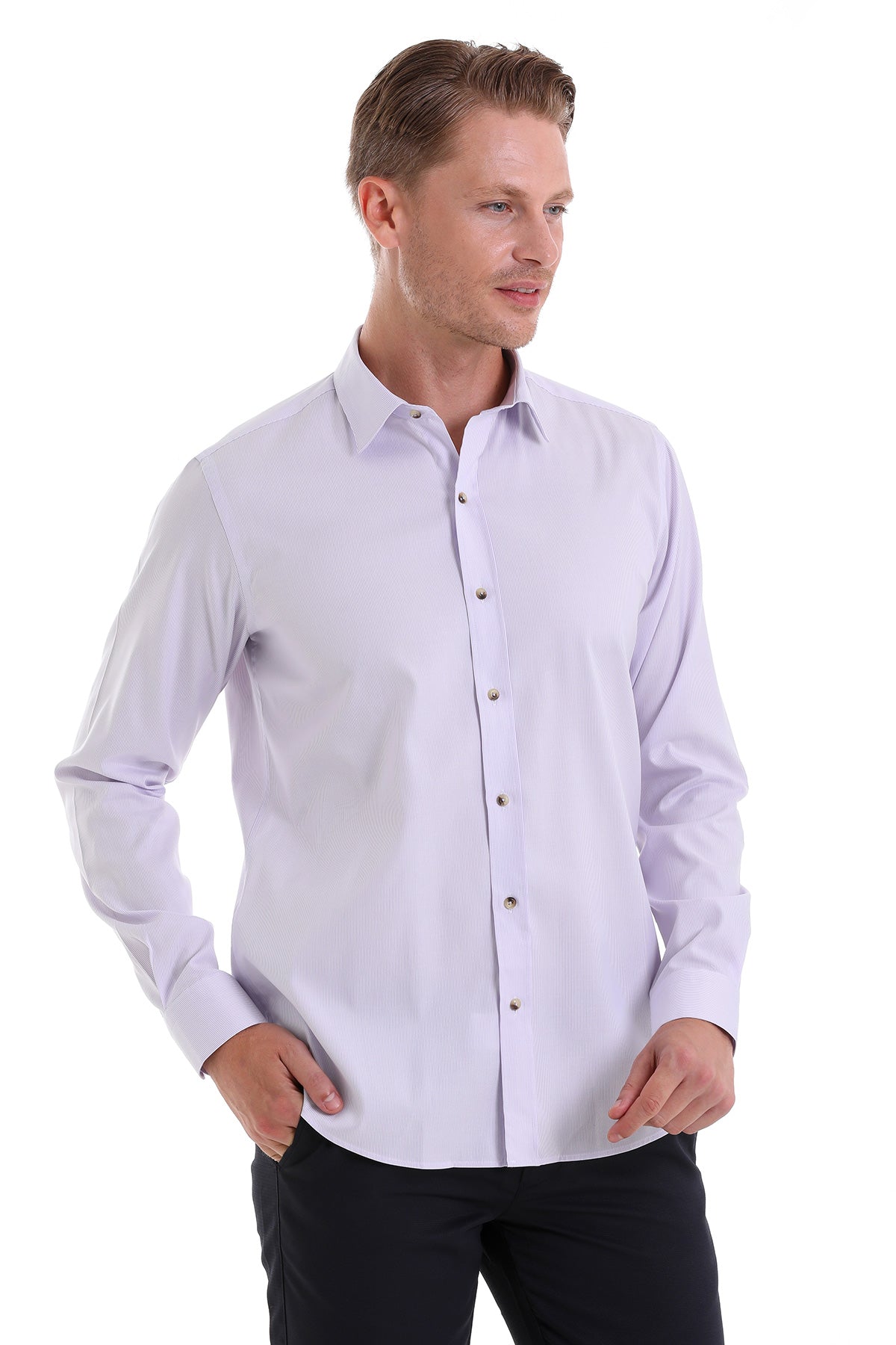 Comfort Fit Long Sleeve Cotton Lilac Casual Shirt - SAYKI