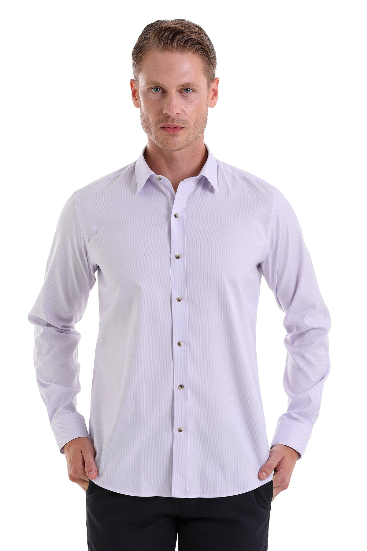 Comfort Fit Long Sleeve Cotton Lilac Casual Shirt - SAYKI