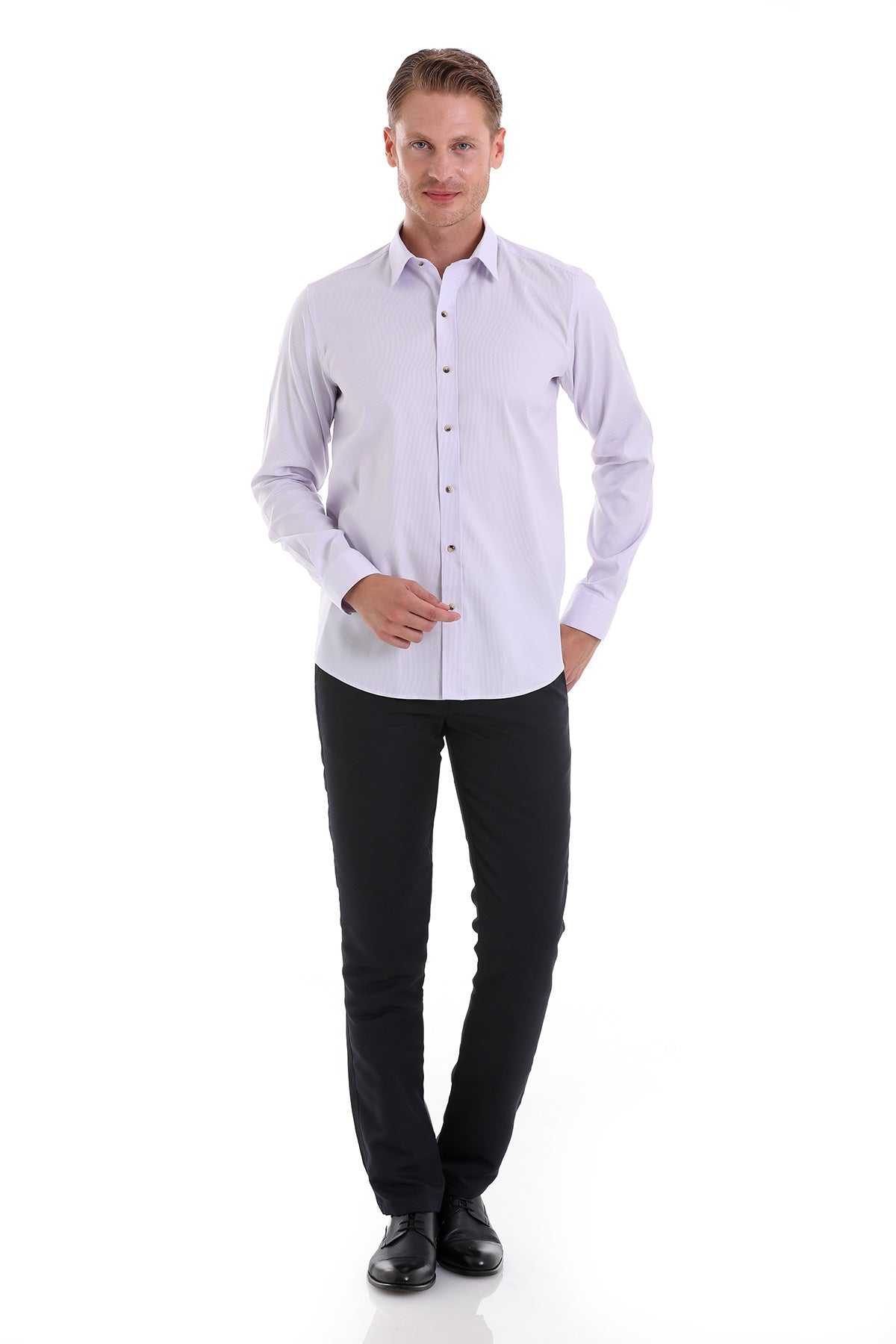 Comfort Fit Long Sleeve Cotton Lilac Casual Shirt - SAYKI