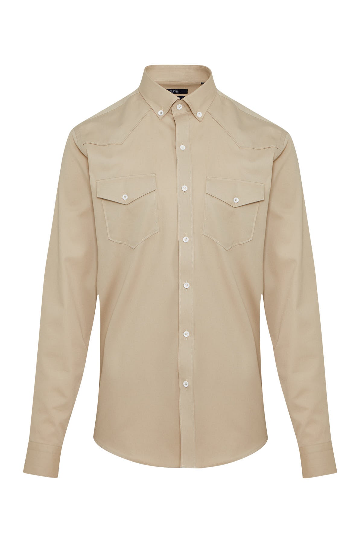 Beige long-sleeved button-down shirt with two chest pockets and white buttons.
