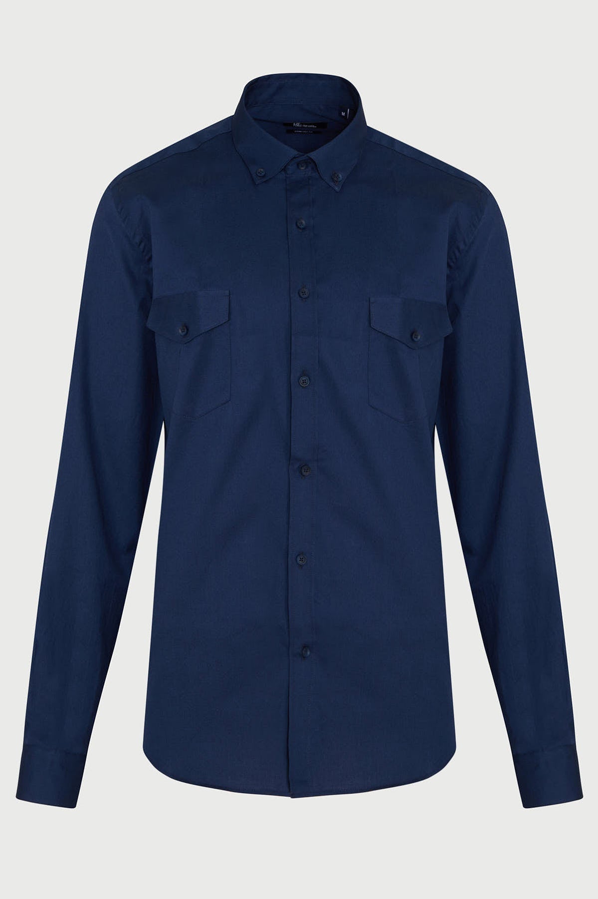 Navy blue long-sleeved button-down shirt with two chest pockets and a classic collar.