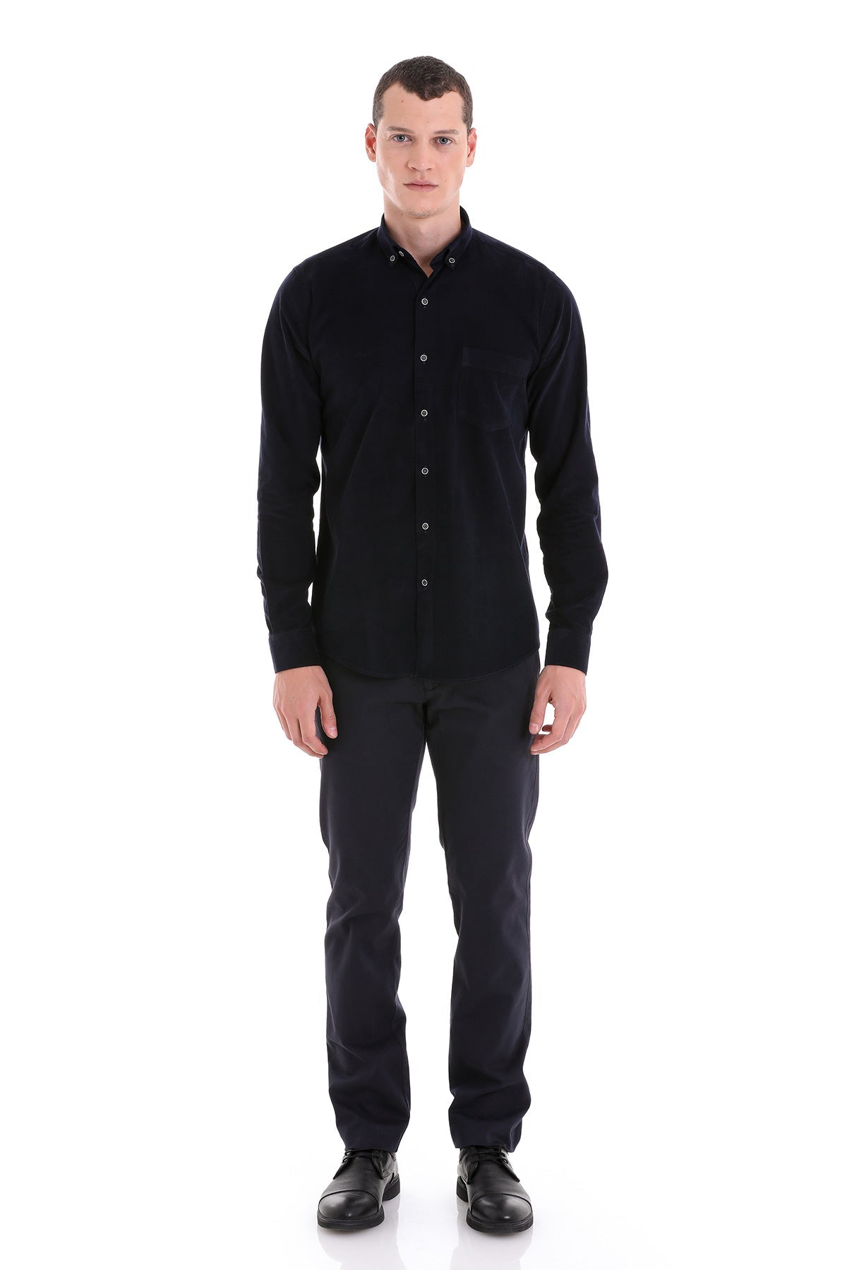 Comfort Fit Long Sleeve Cotton Navy Dress Shirt - SAYKI