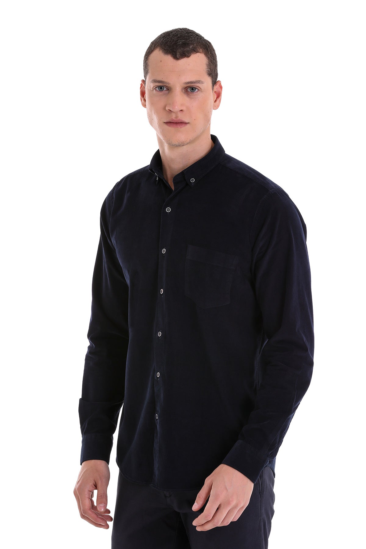 Comfort Fit Long Sleeve Cotton Navy Dress Shirt - SAYKI