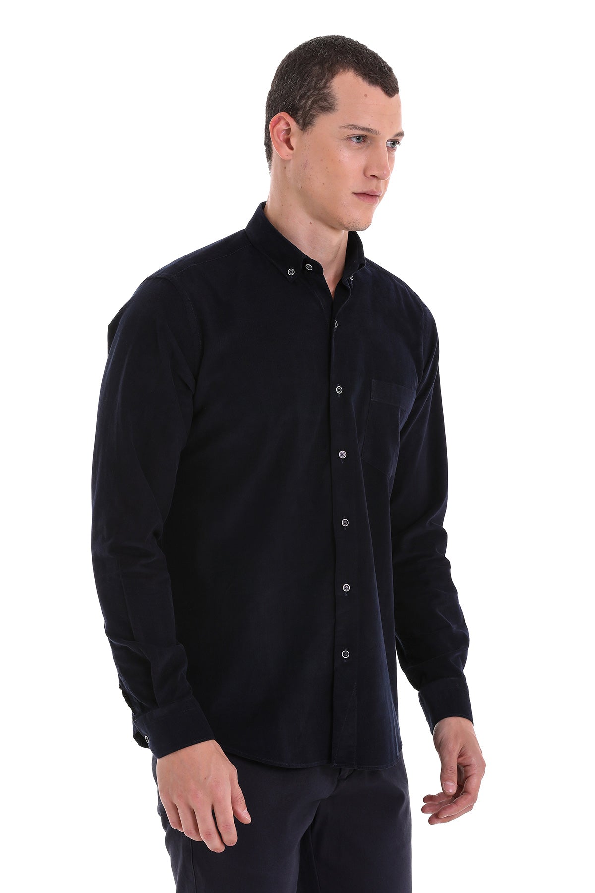 Comfort Fit Long Sleeve Cotton Navy Dress Shirt - SAYKI
