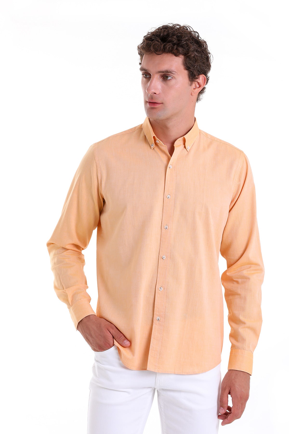 Comfort Fit Long Sleeve Cotton Orange Casual Shirt - SAYKI