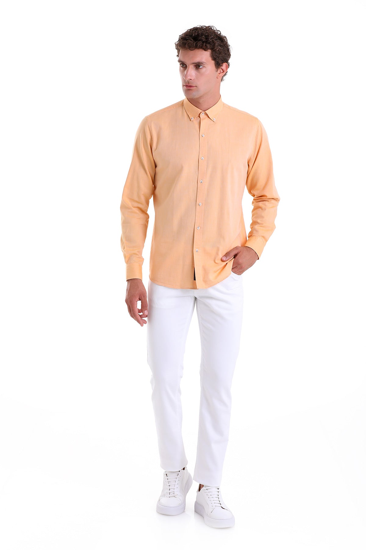 Comfort Fit Long Sleeve Cotton Orange Casual Shirt - SAYKI