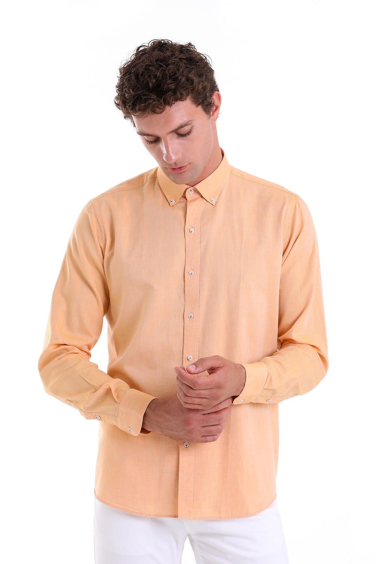Comfort Fit Long Sleeve Cotton Orange Casual Shirt - SAYKI