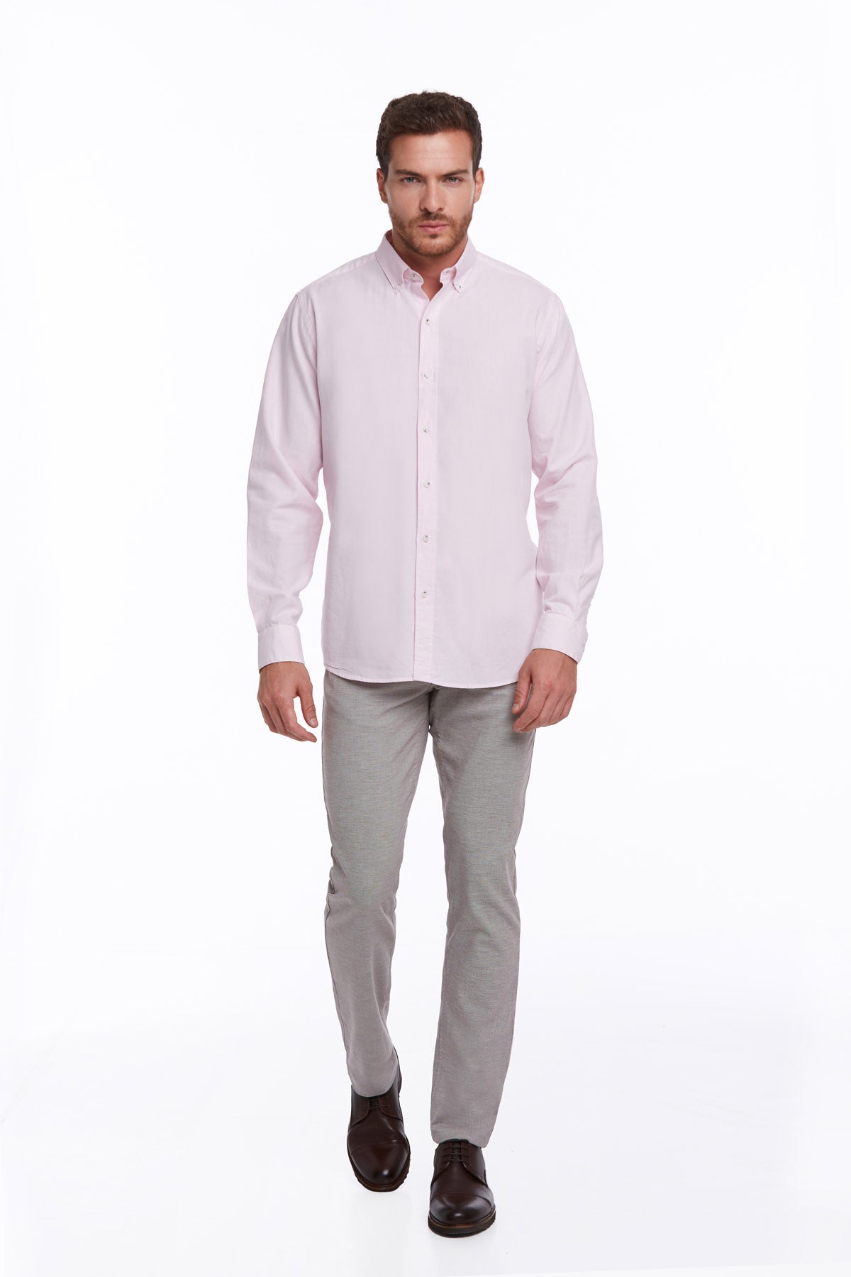Comfort Fit Long Sleeve Cotton Pink Casual Shirt - SAYKI