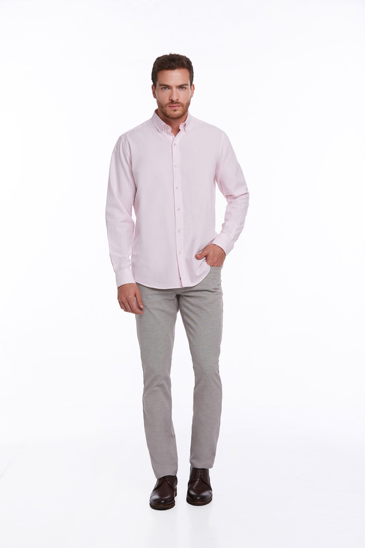 Comfort Fit Long Sleeve Cotton Pink Casual Shirt - SAYKI