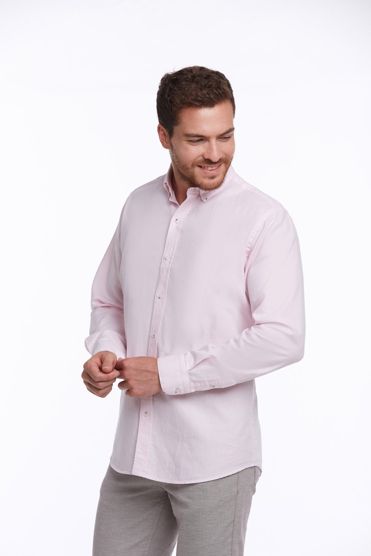 Comfort Fit Long Sleeve Cotton Pink Casual Shirt - SAYKI