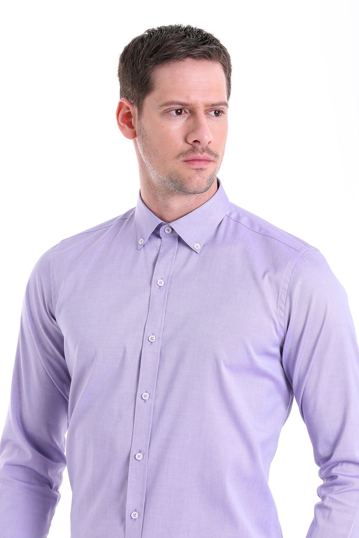 A men’s lavender button-down dress shirt with a crisp collar and matching buttons.