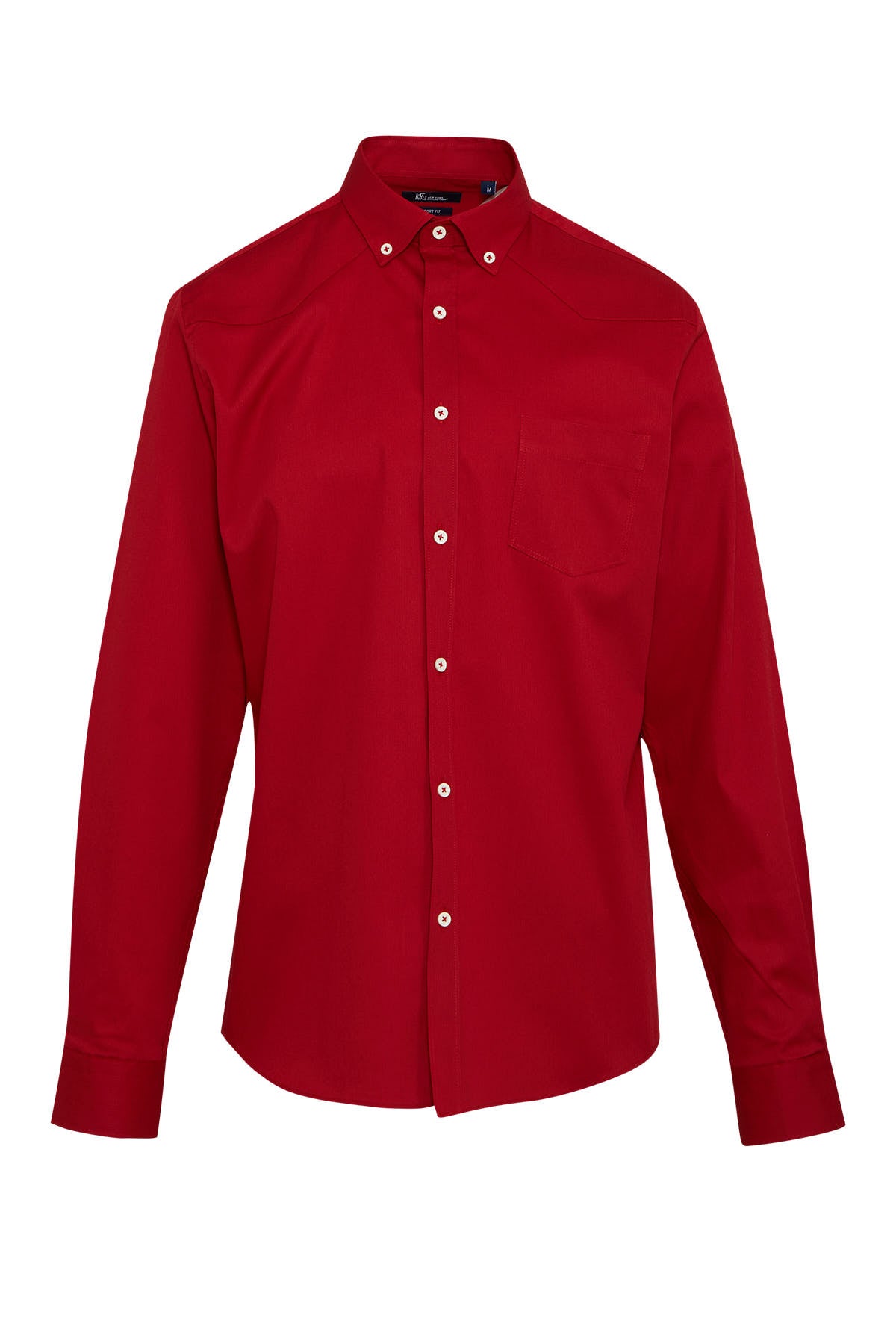 A vibrant red, long-sleeved button-down shirt with a classic collar and matching white buttons.