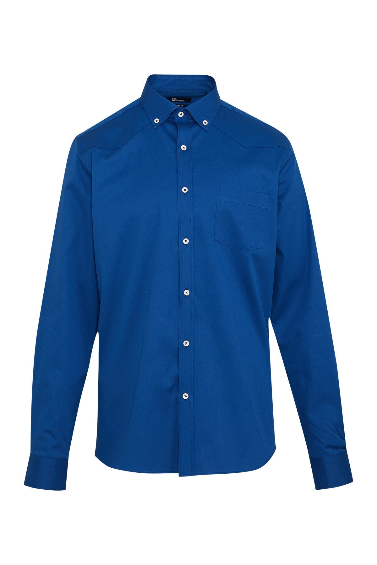 A crisp royal blue button-down shirt with white buttons and a classic collar.