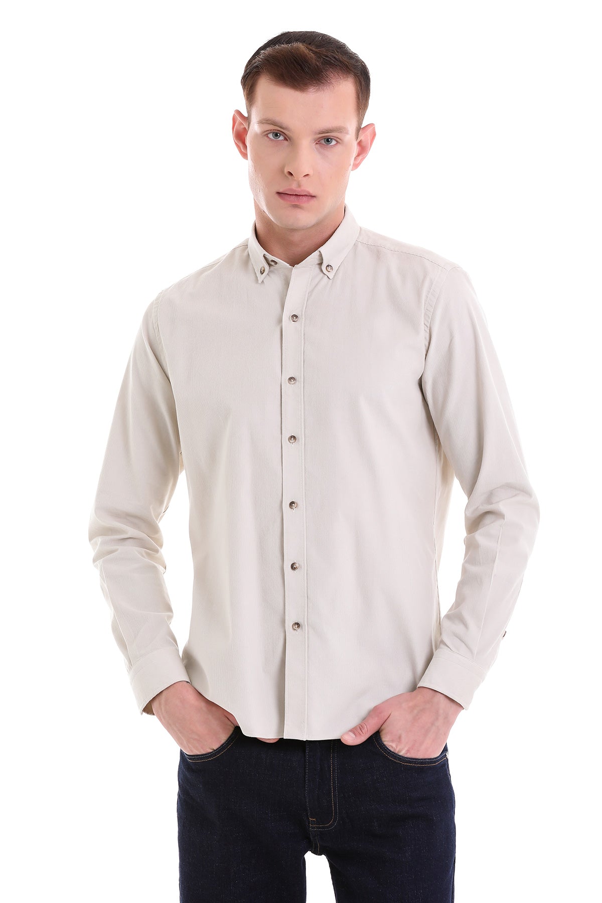 A crisp, off-white button-down shirt with a classic collar and neatly stitched details.