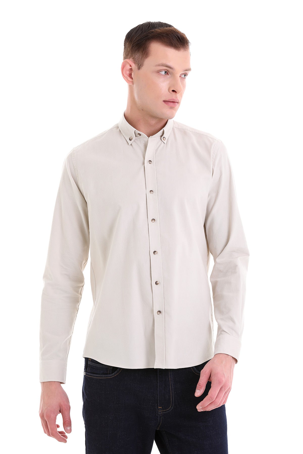 A sleek, off-white button-down shirt with a classic collar and long sleeves.