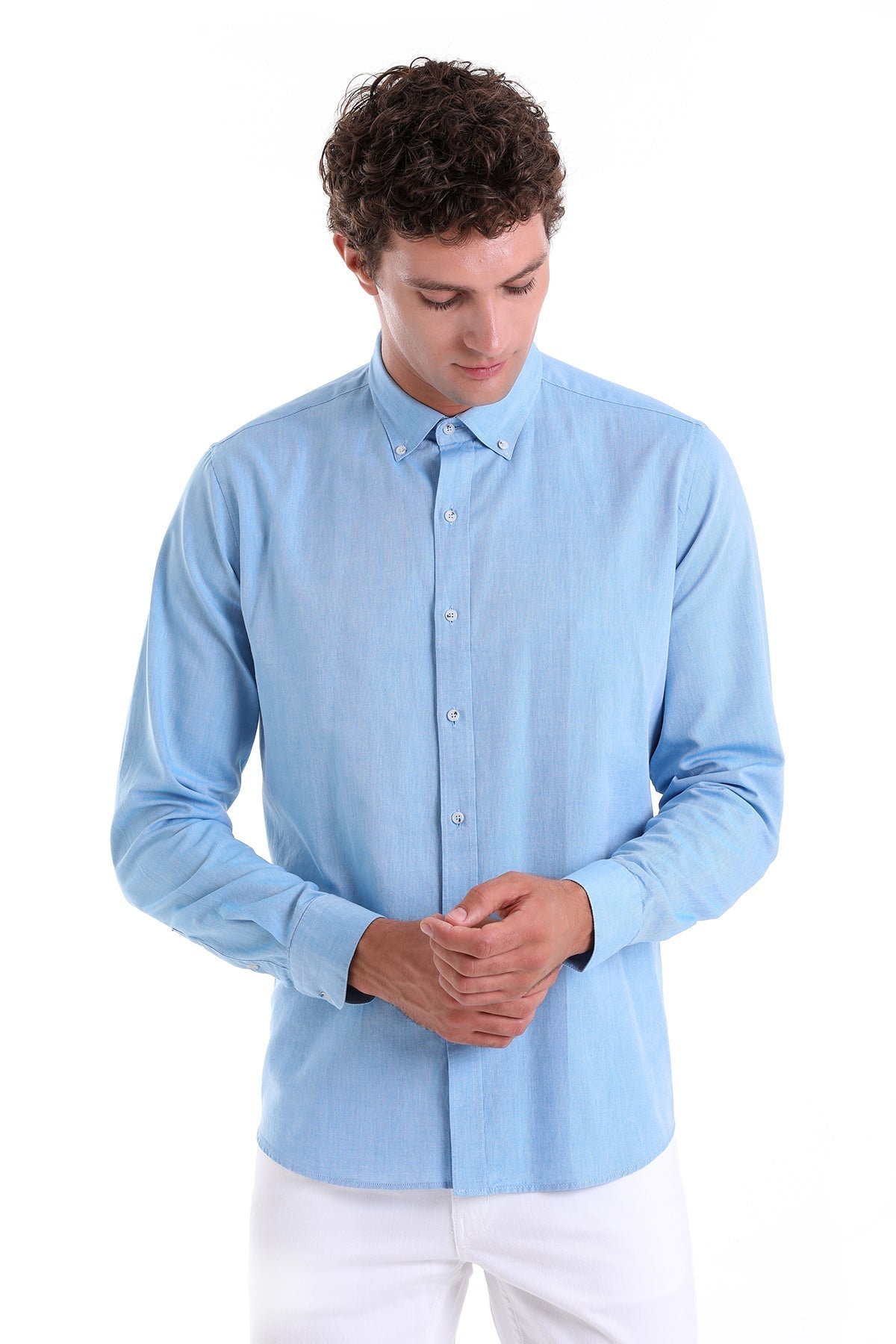 Comfort Fit Long Sleeve Cotton Turquoise Casual Shirt