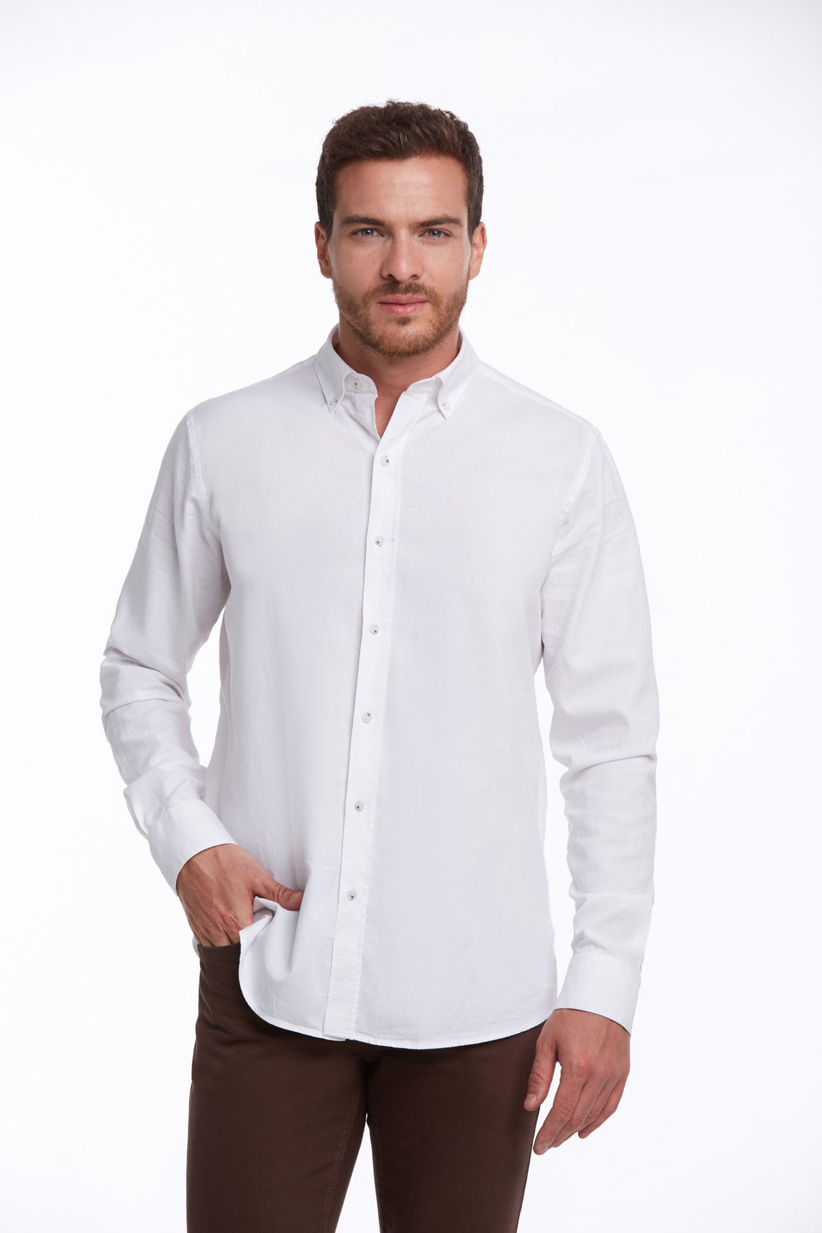 Comfort Fit Long Sleeve Cotton White Casual Shirt - SAYKI