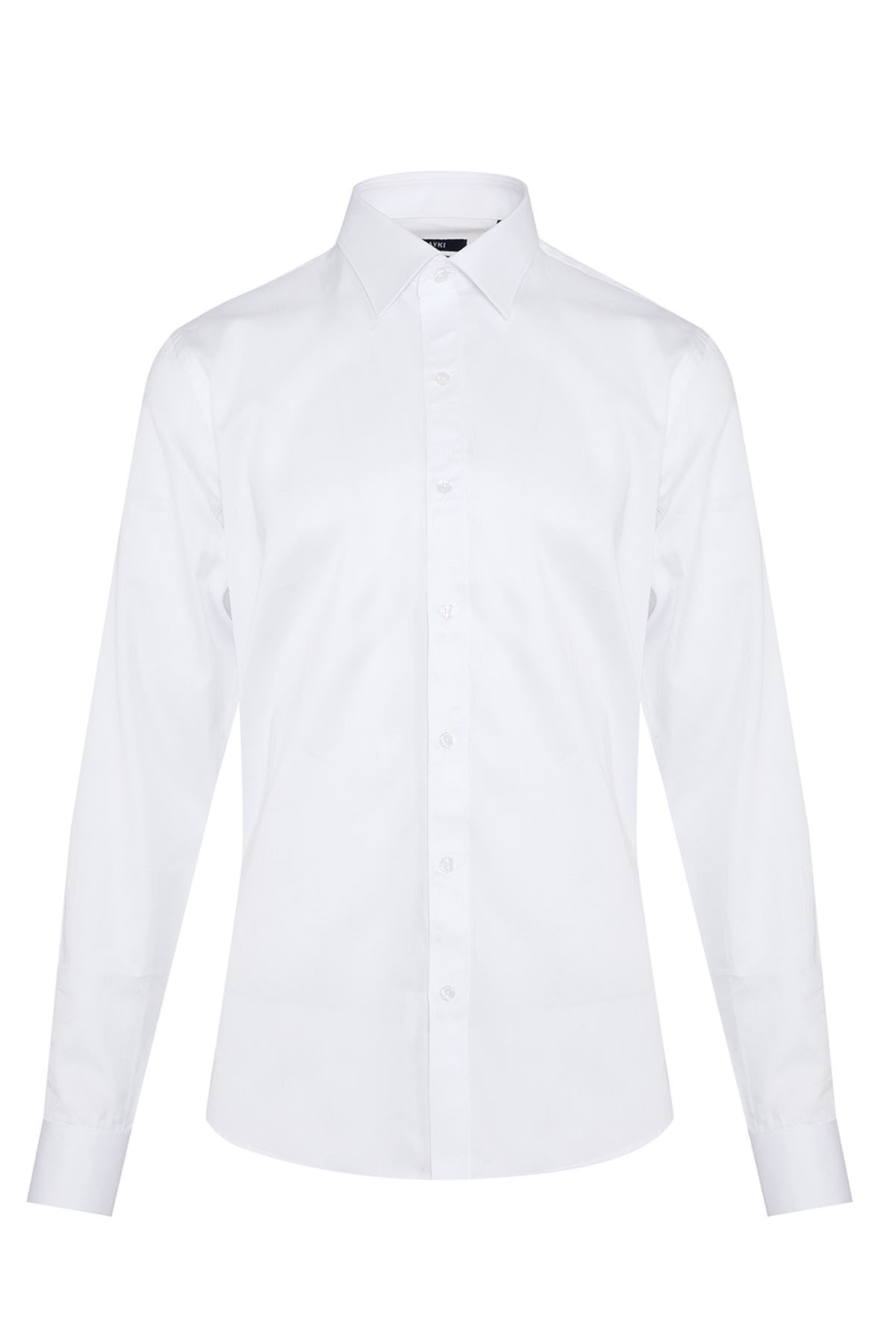 A crisp white men’s dress shirt with a classic collar and button-down front.