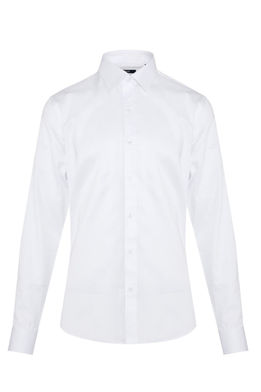 A crisp white men’s dress shirt with a classic collar and button-down front.