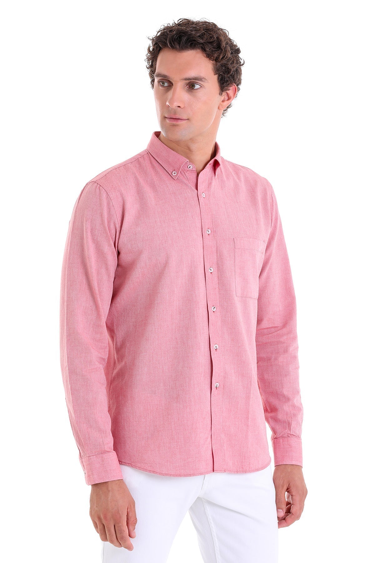 A men’s long-sleeved pink button-down shirt with a classic collar and chest pocket.