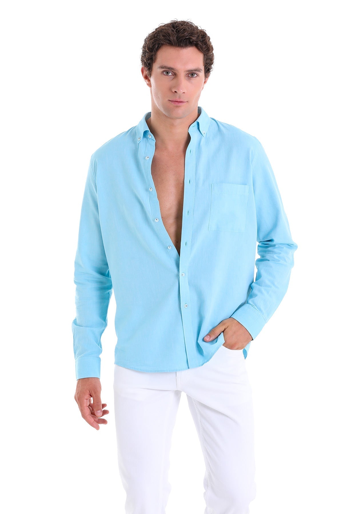 Light blue long-sleeved button-down shirt with a chest pocket.