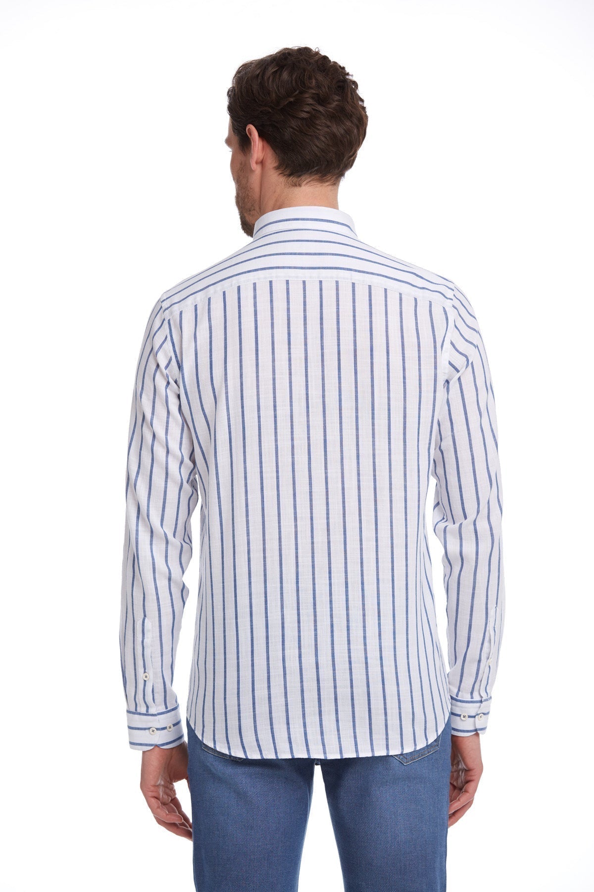Comfort Fit Long Sleeve Pinstripe Cotton Navy Casual Shirt