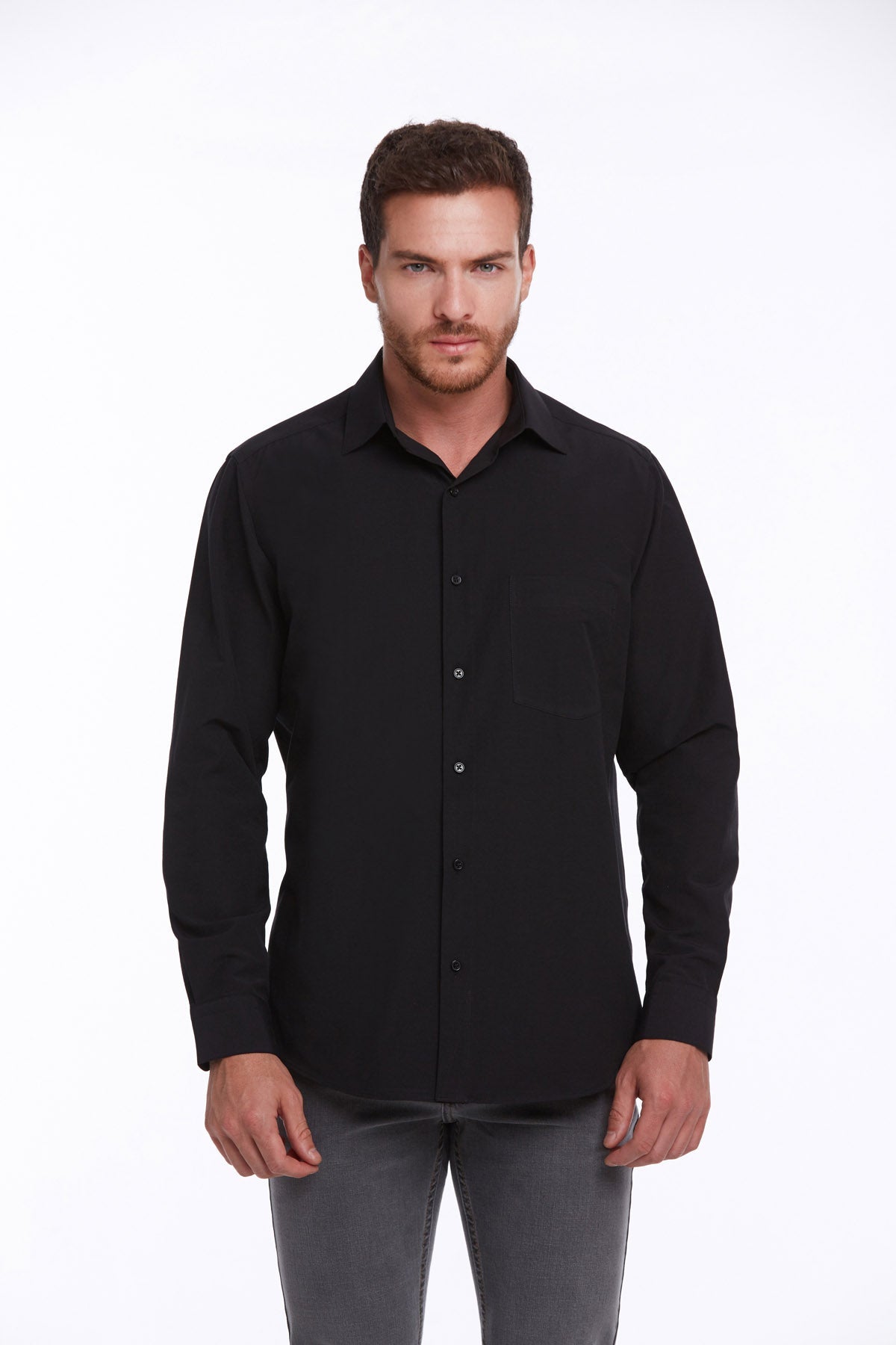 Comfort Fit Long Sleeve Plain Cotton Blend Black Dress