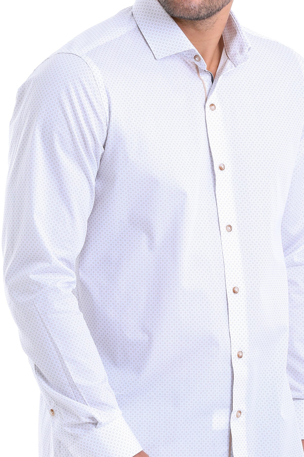 A crisp white men’s dress shirt with a subtle geometric pattern and matching button-down collar.