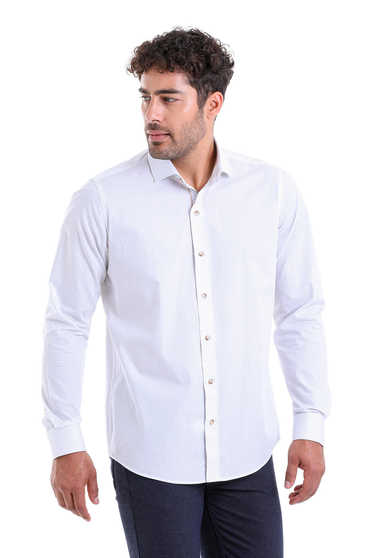 White men’s dress shirt with a subtle textured pattern and classic button-down collar.