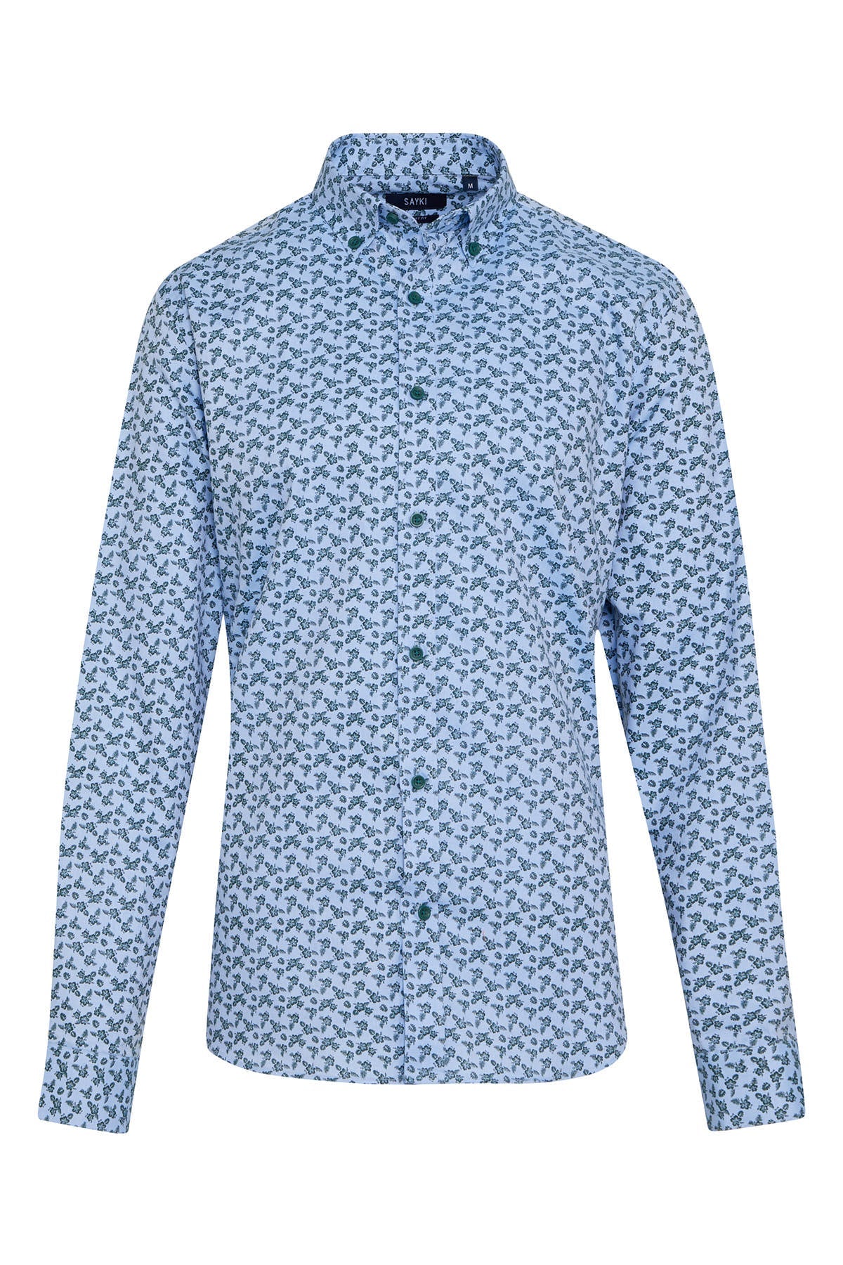 Light blue button-down shirt with a subtle dark blue floral pattern.