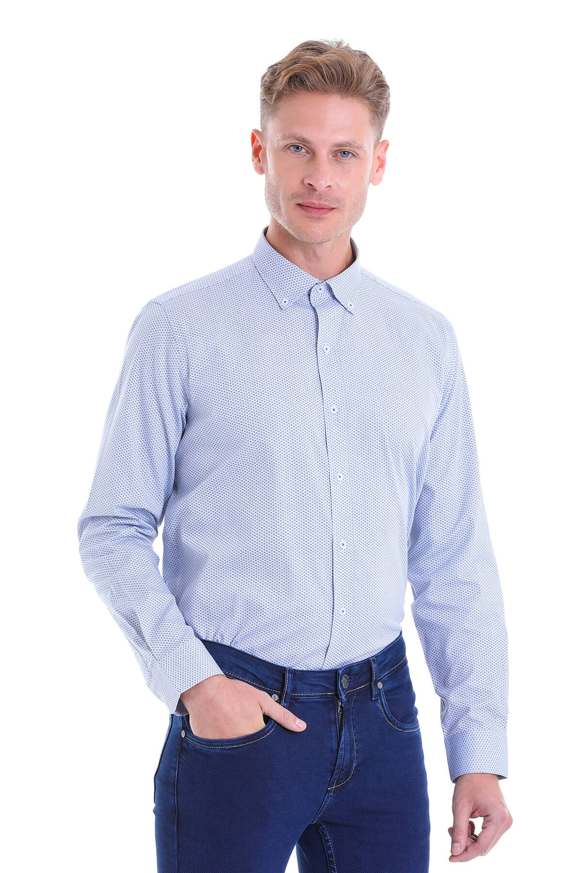 Light blue long-sleeved button-down shirt with a subtle white dot pattern.