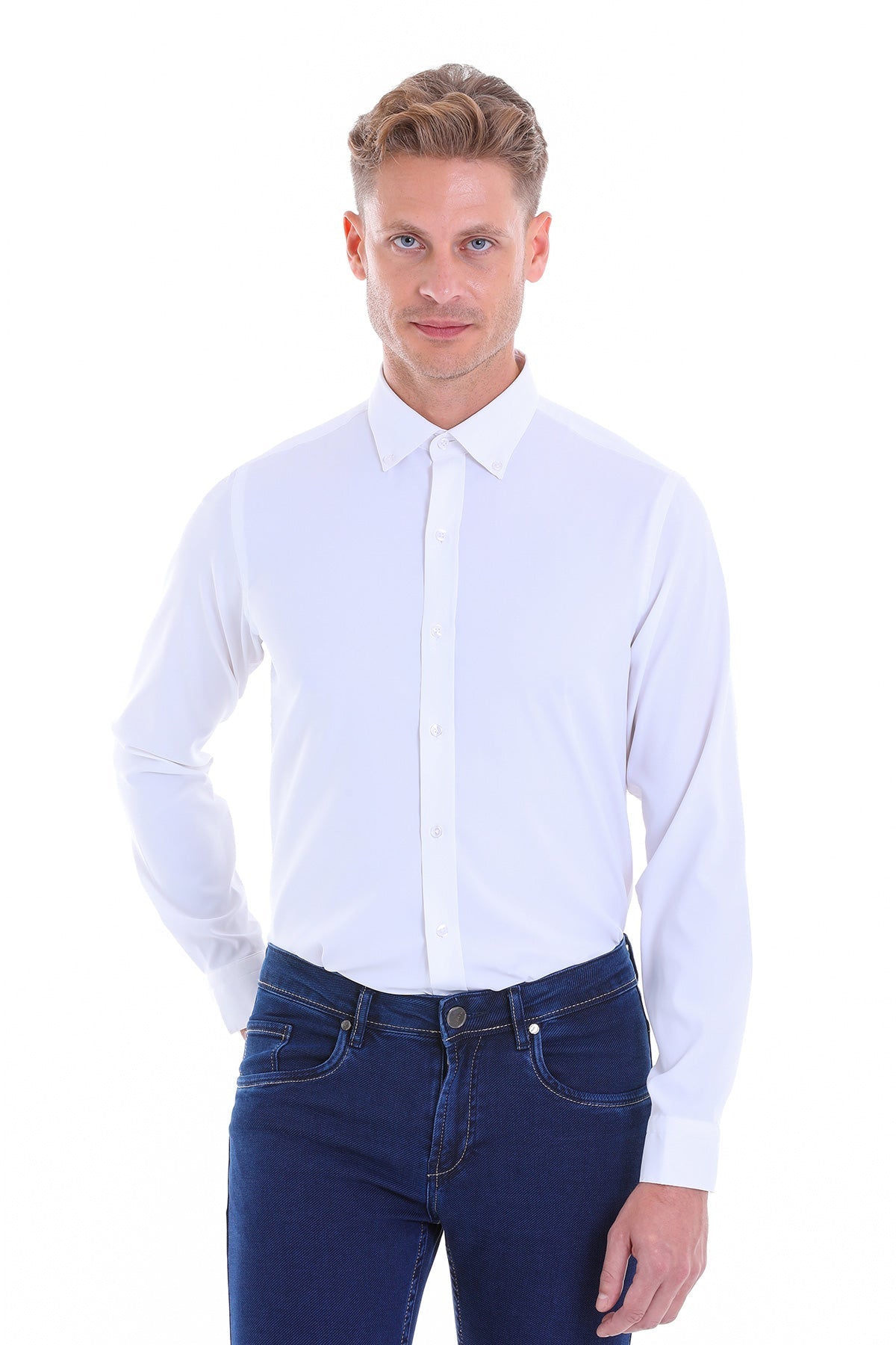 Comfort Fit Long Sleeve White Casual Shirt - SAYKI