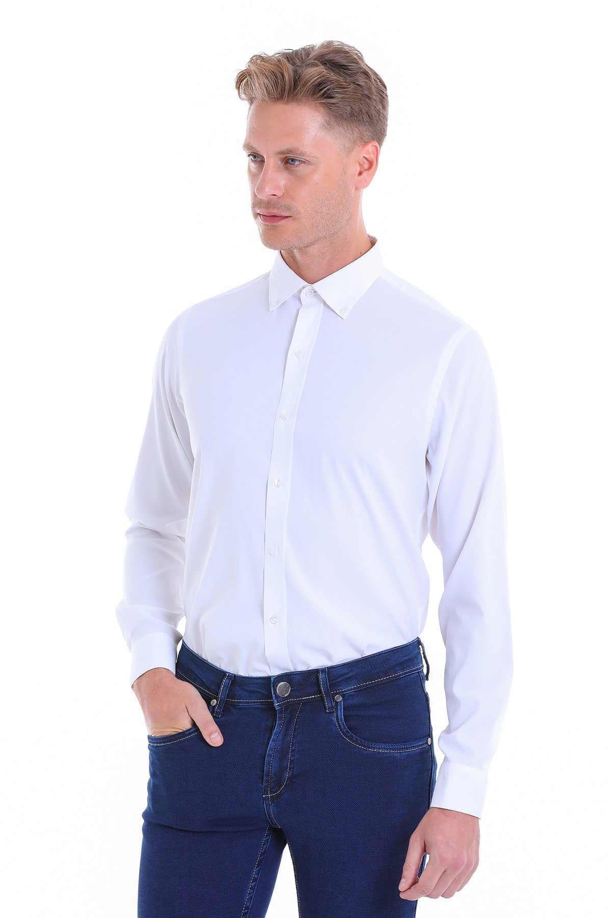 Comfort Fit Long Sleeve White Casual Shirt - SAYKI