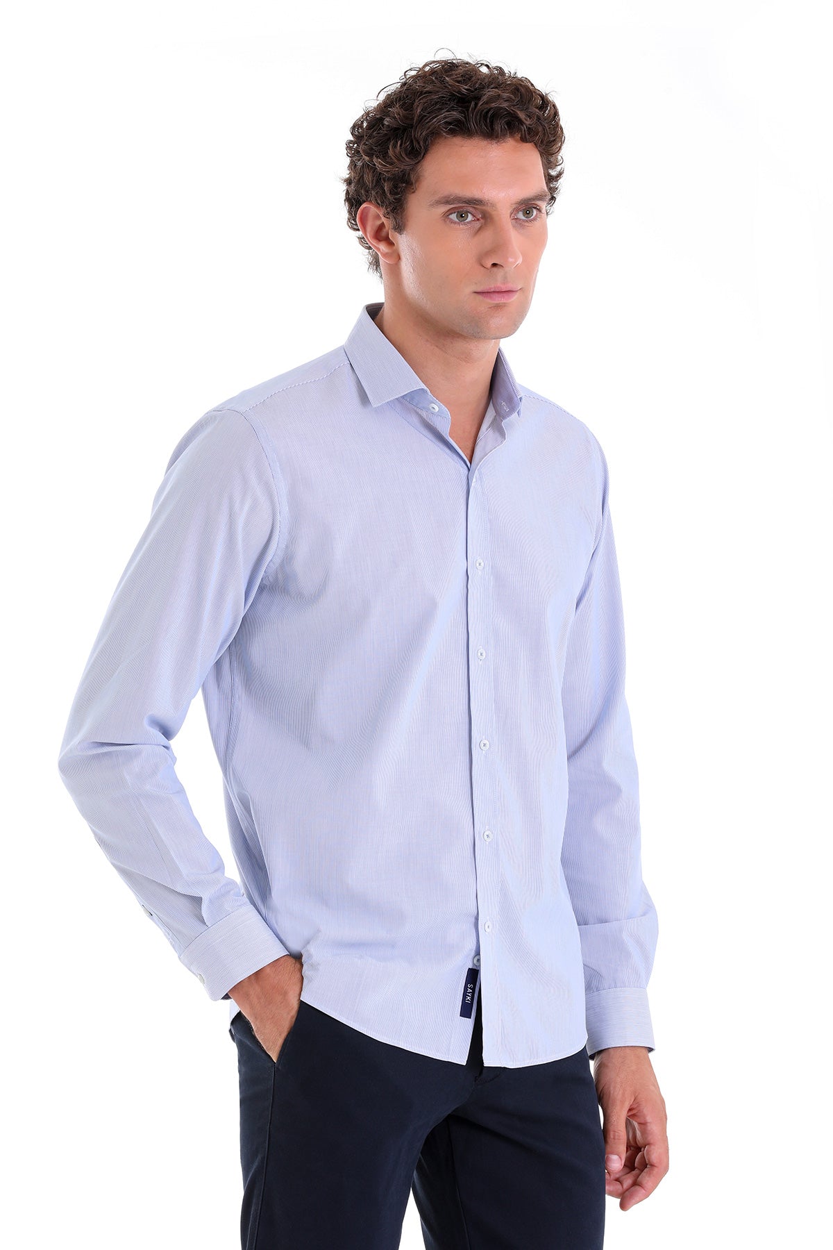Comfort Fit Micro Pinstripe Cotton Blue Casual Shirt - SAYKI