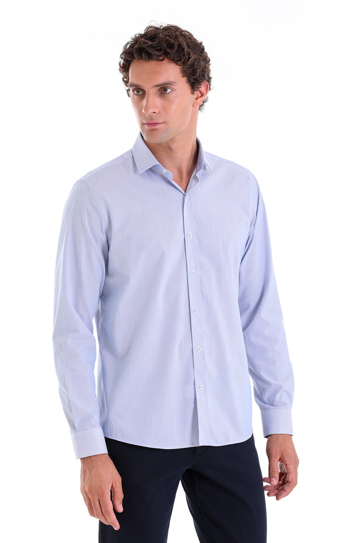 Comfort Fit Micro Pinstripe Cotton Blue Casual Shirt - SAYKI