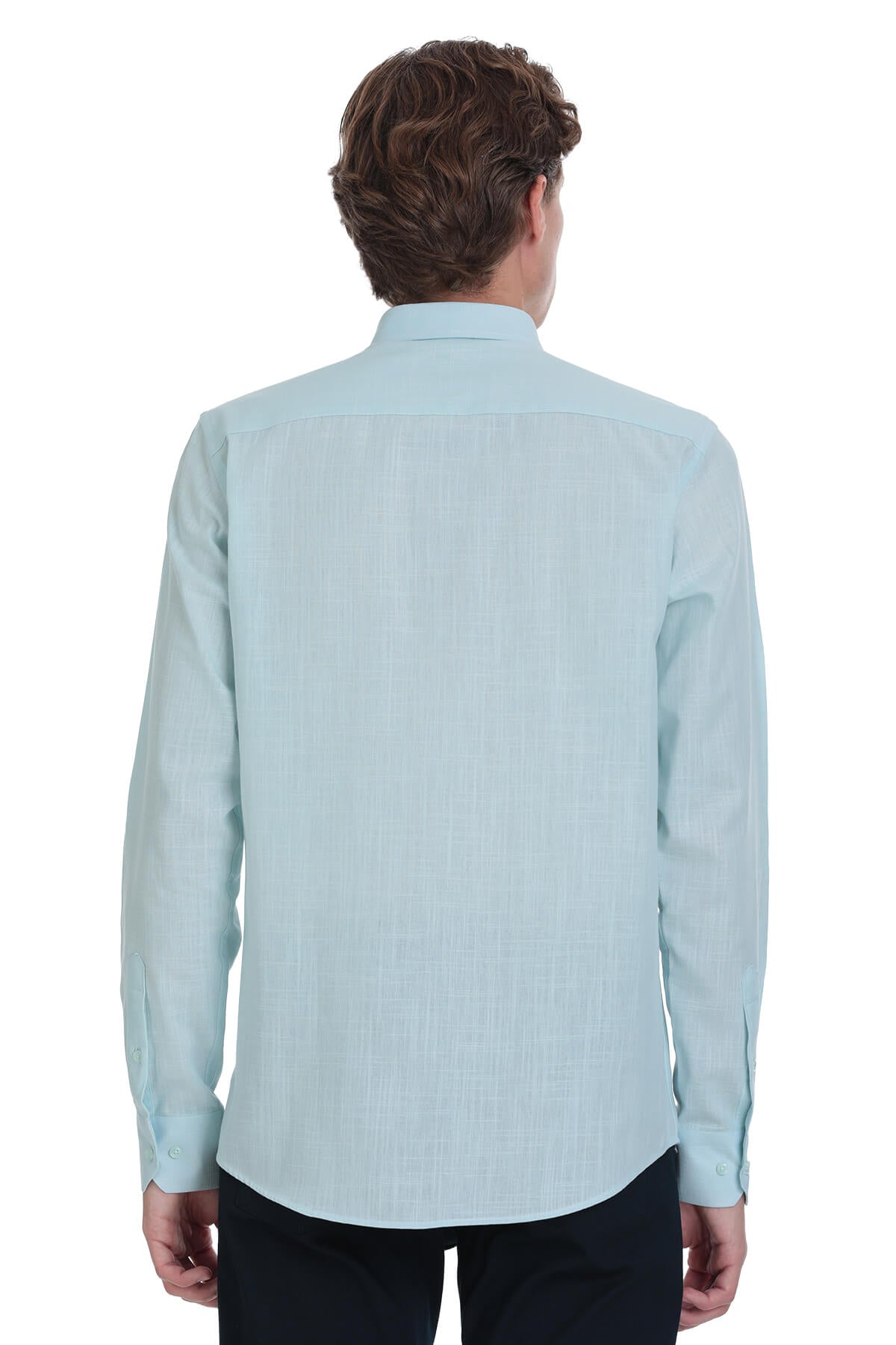 A light blue, long-sleeved men’s dress shirt with a subtle textured weave.