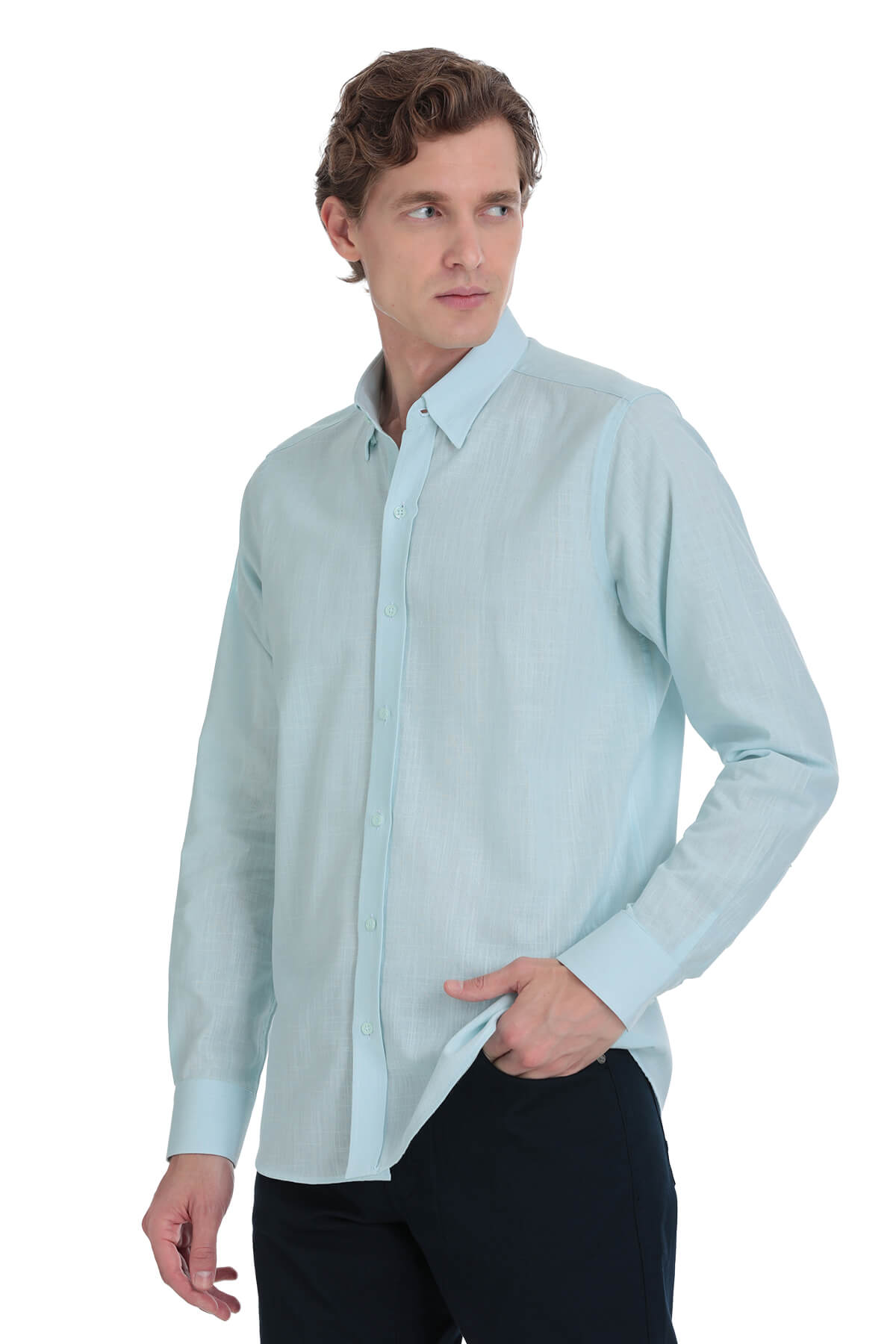 A light blue, long-sleeved men’s dress shirt with a classic collar and button-down front.