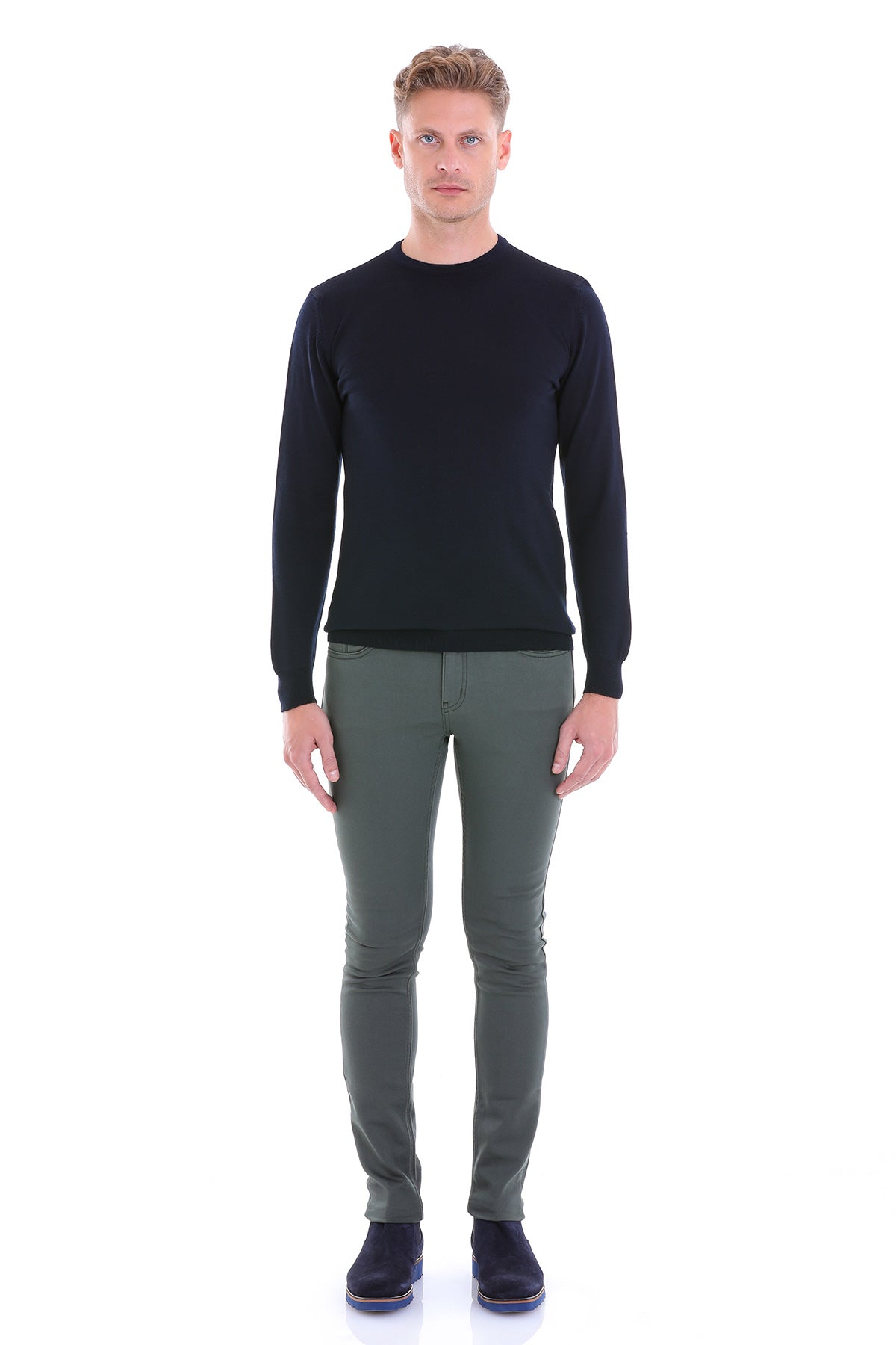 Comfort Fit Navy Wool Blend Crew Neck Sweater - SAYKI