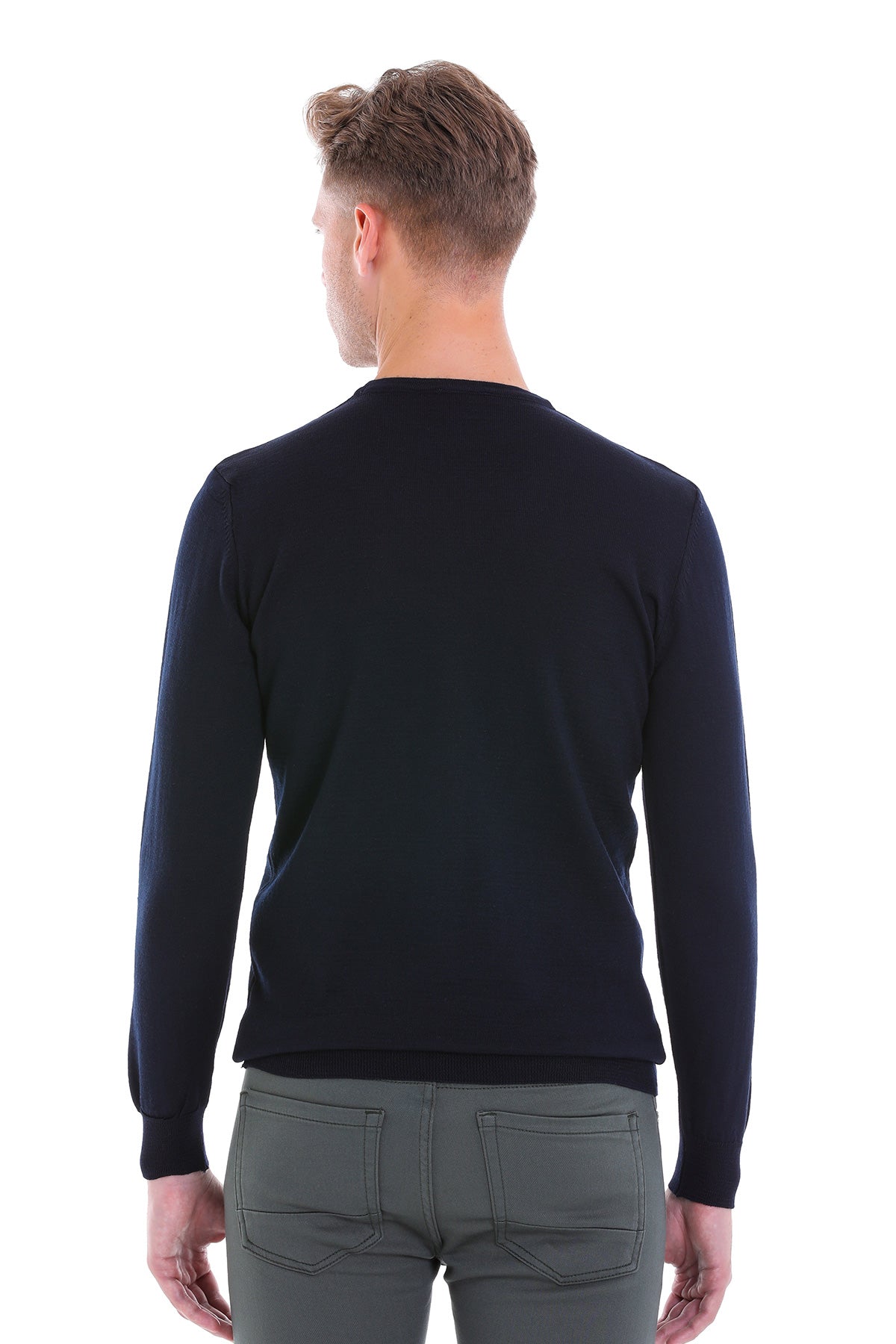 Comfort Fit Navy Wool Blend Crew Neck Sweater - SAYKI