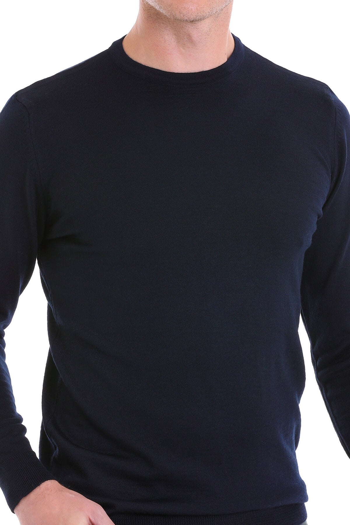 Comfort Fit Navy Wool Blend Crew Neck Sweater - SAYKI