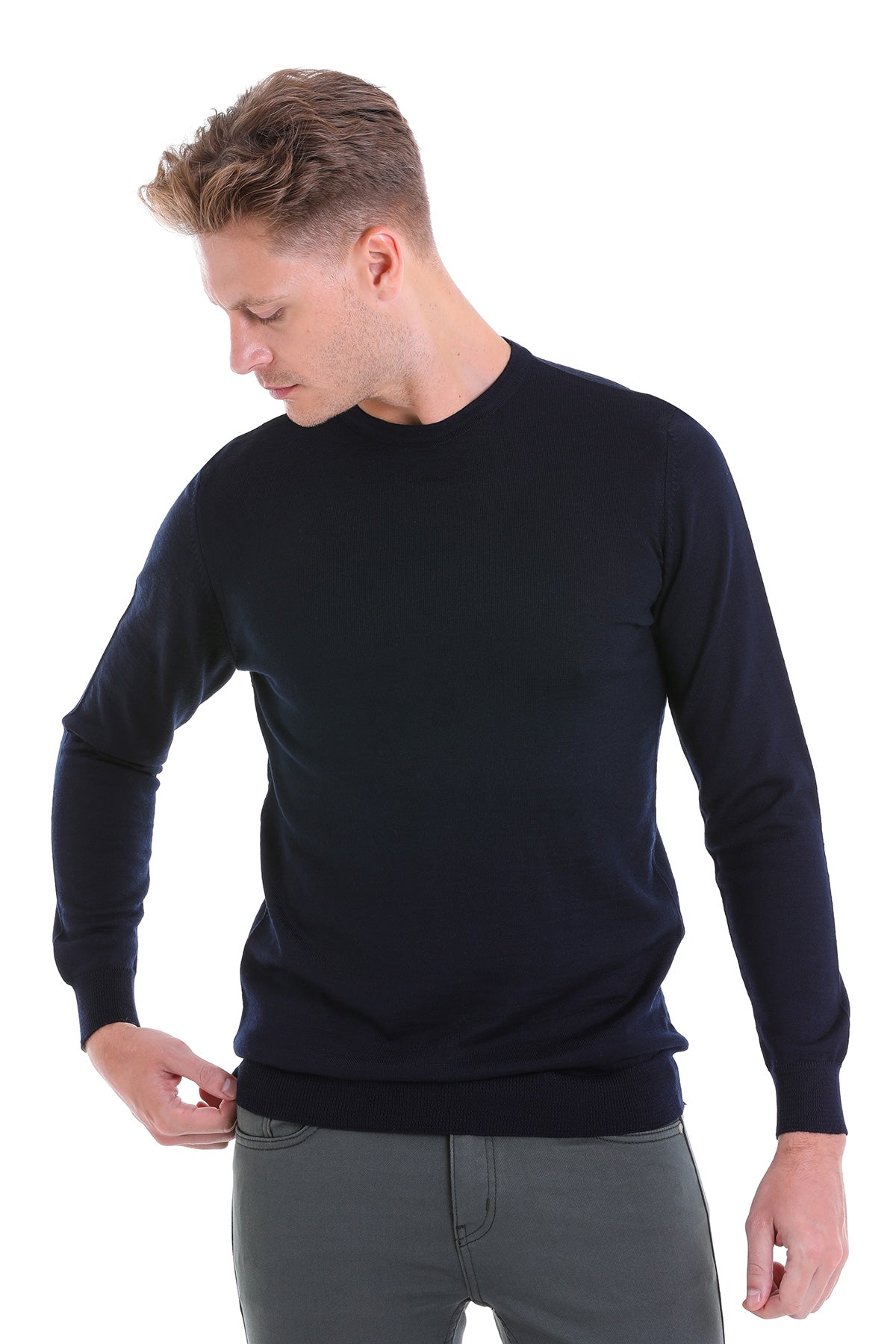 Comfort Fit Navy Wool Blend Crew Neck Sweater - SAYKI