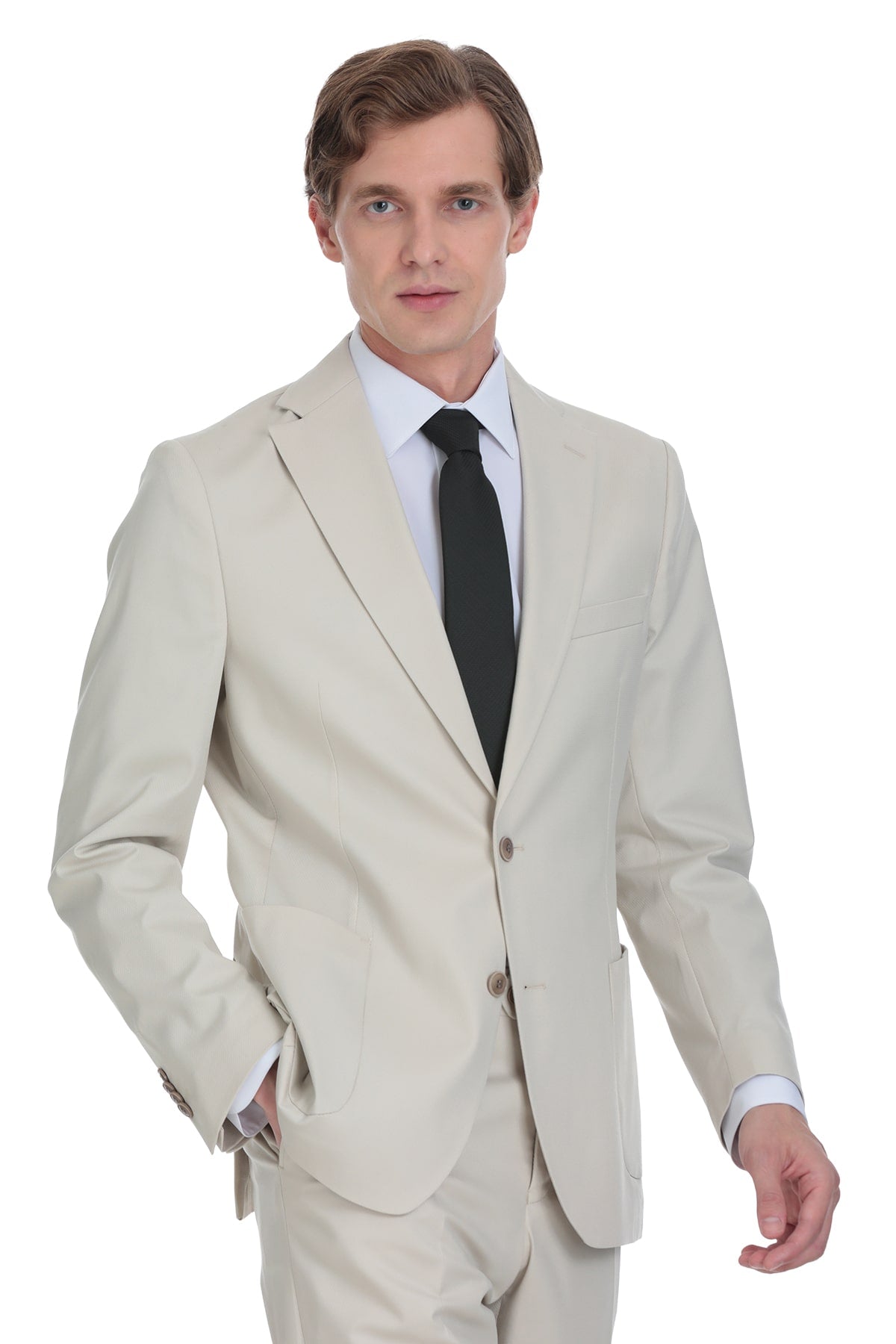 Beige two-button suit jacket with a tailored fit and subtle texture.