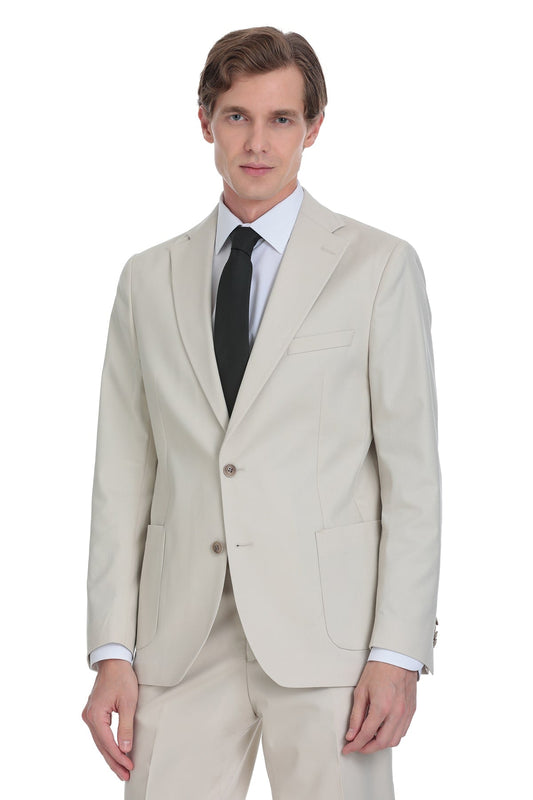 Beige two-button suit jacket with a tailored fit and subtle texture.