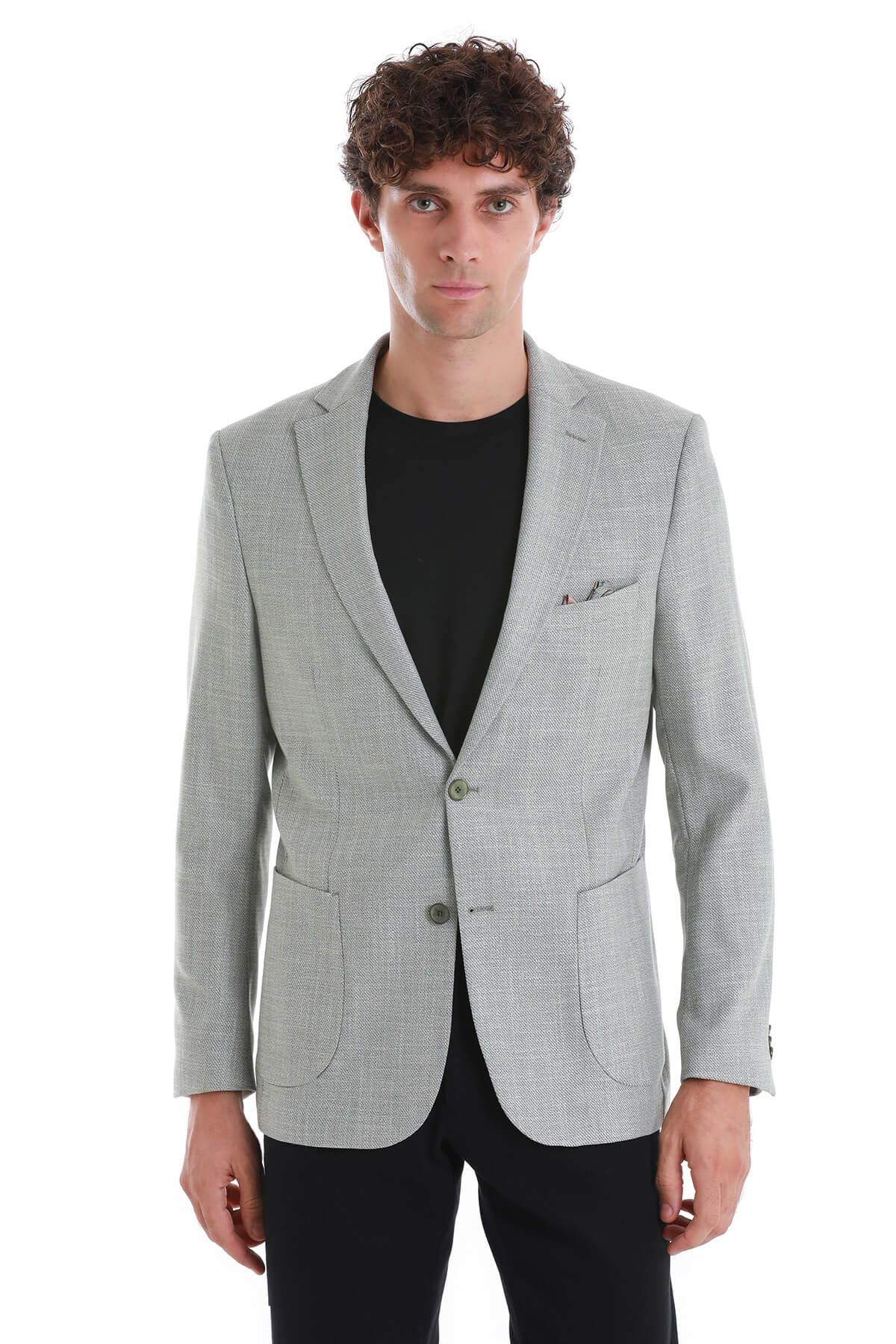 Light gray textured blazer with subtle pattern and two-button closure.