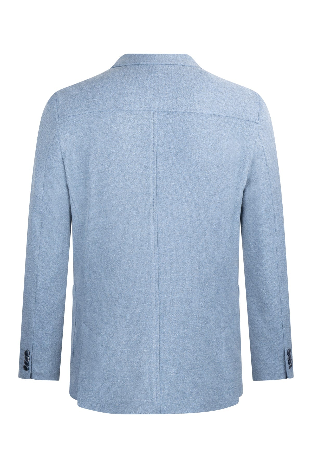 Light blue textured blazer with subtle pattern and structured shoulders.