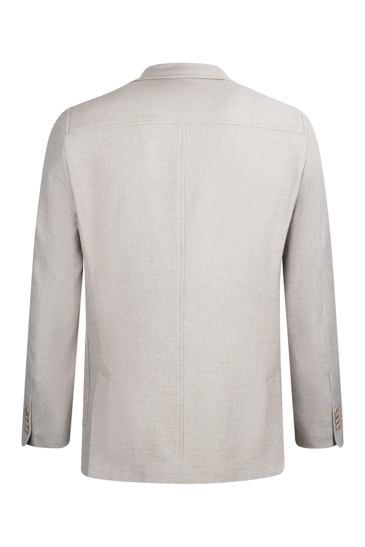 Beige textured blazer with subtle vertical seam and buttoned cuffs.