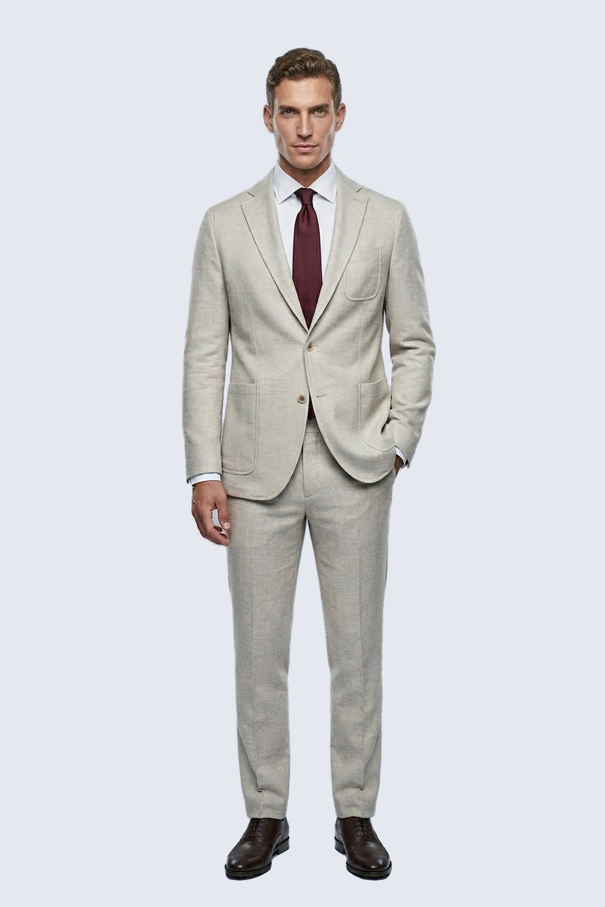 Beige textured wool comfort fit notch lapel blazer with two-button closure in linen-blend mink fabric