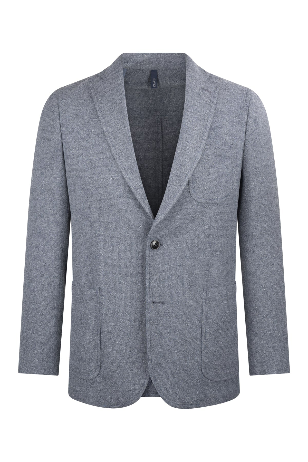 Gray textured blazer with a single button closure and two front pockets.